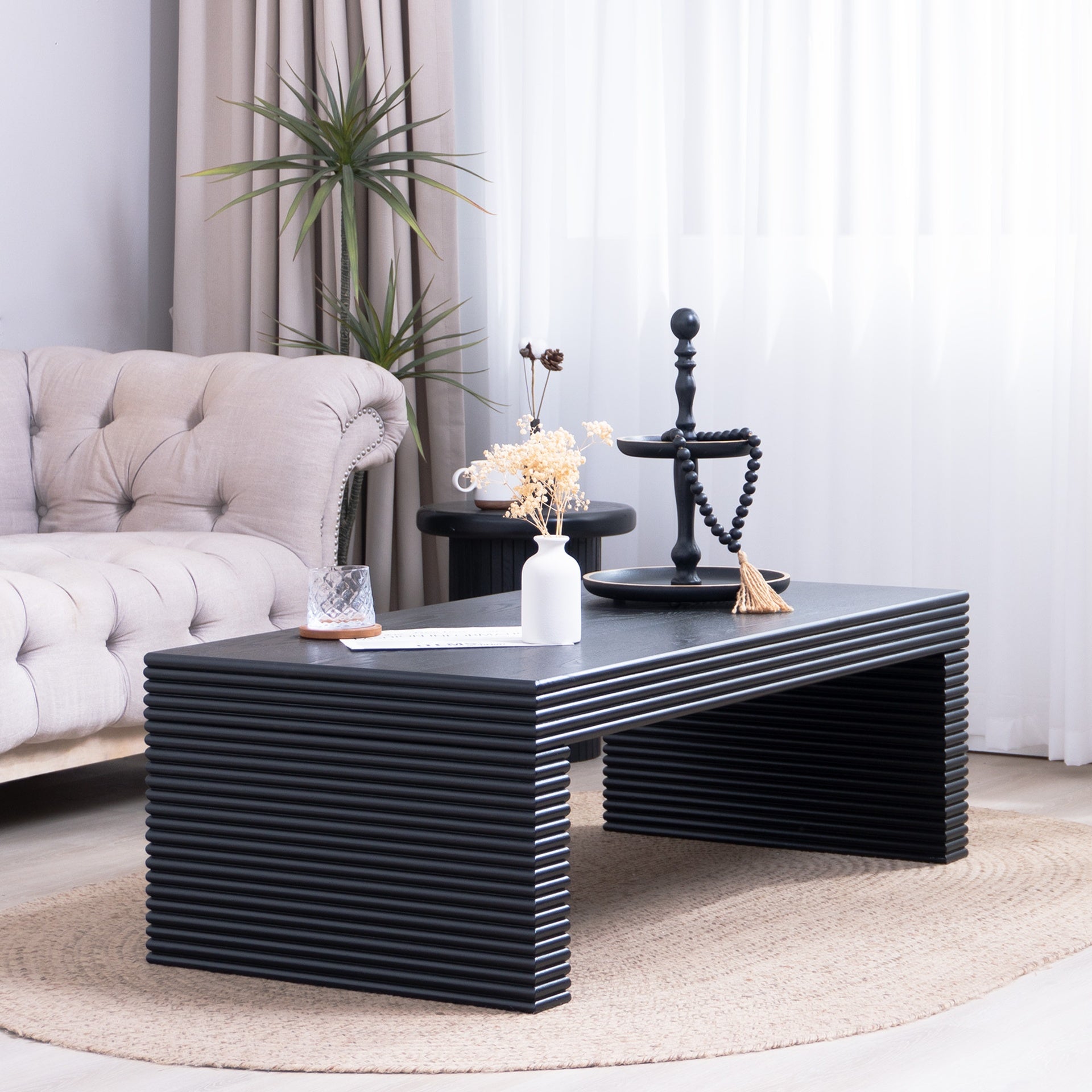 47.6" Modern Black Ribbed Coffee Table – Rectangular Low Profile Center Table for Living Room