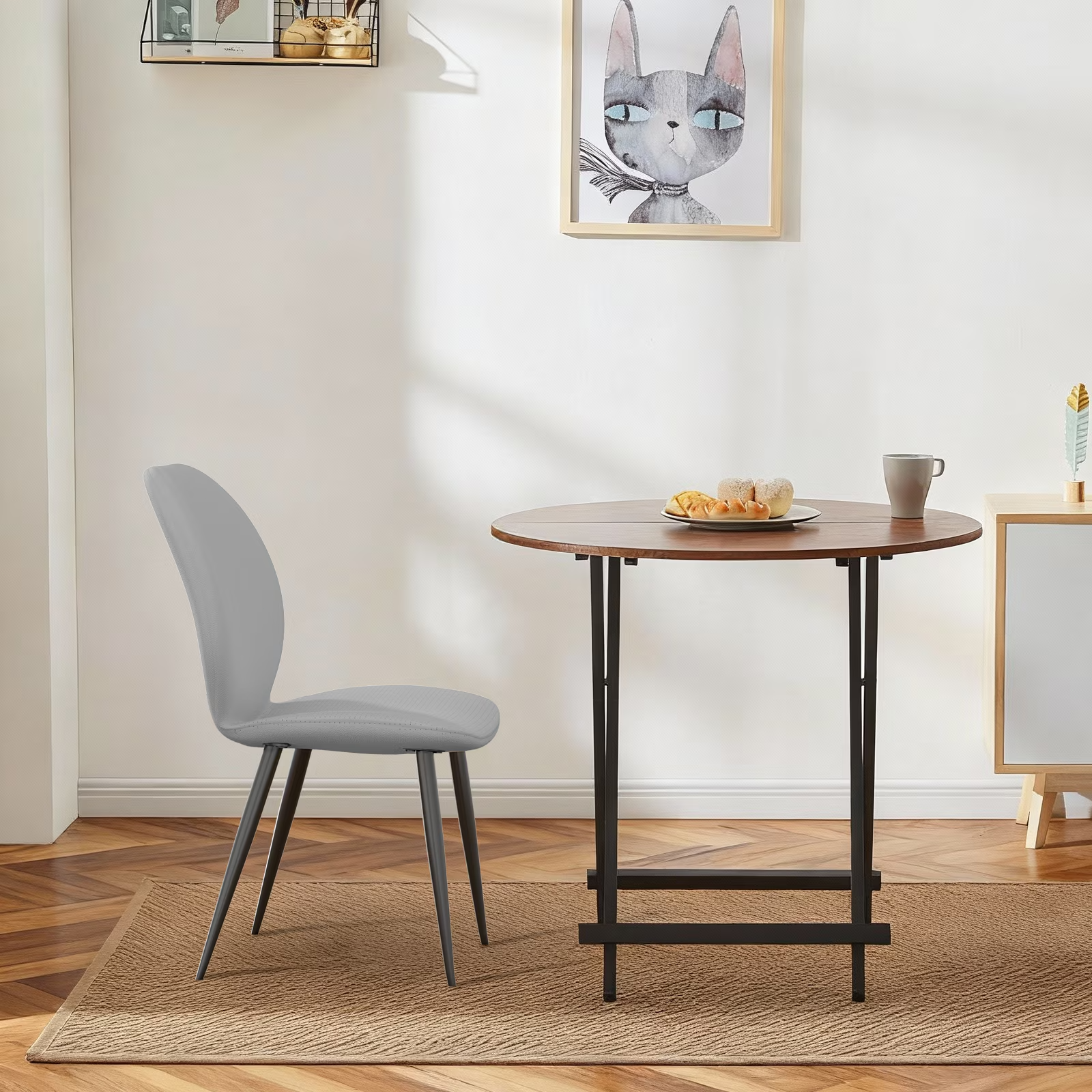 Light Grey Leather Dining Chair with Metal Legs, Shell Shape Upholstered Chair Set of 6 for Kitchen, Restaurant, Living, Meeting Room