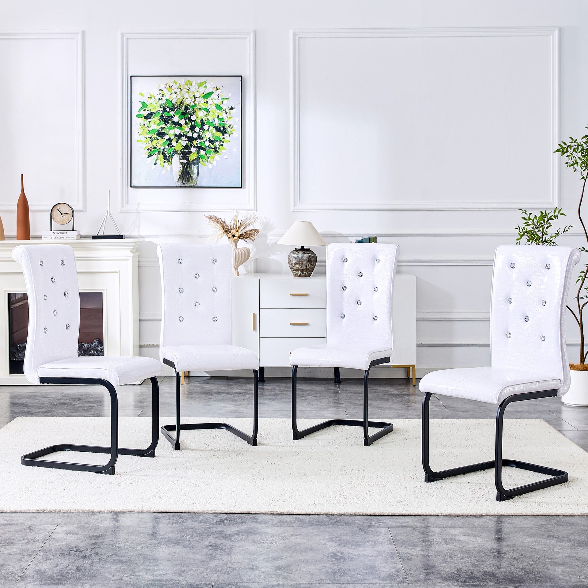 Set of 4,Retro alligator skin Upholstered dining chairs,with Crystal buckle design and Faux Leather design,a touch of elegance and mystery to the dining area,Black spray-painted metal bow leg