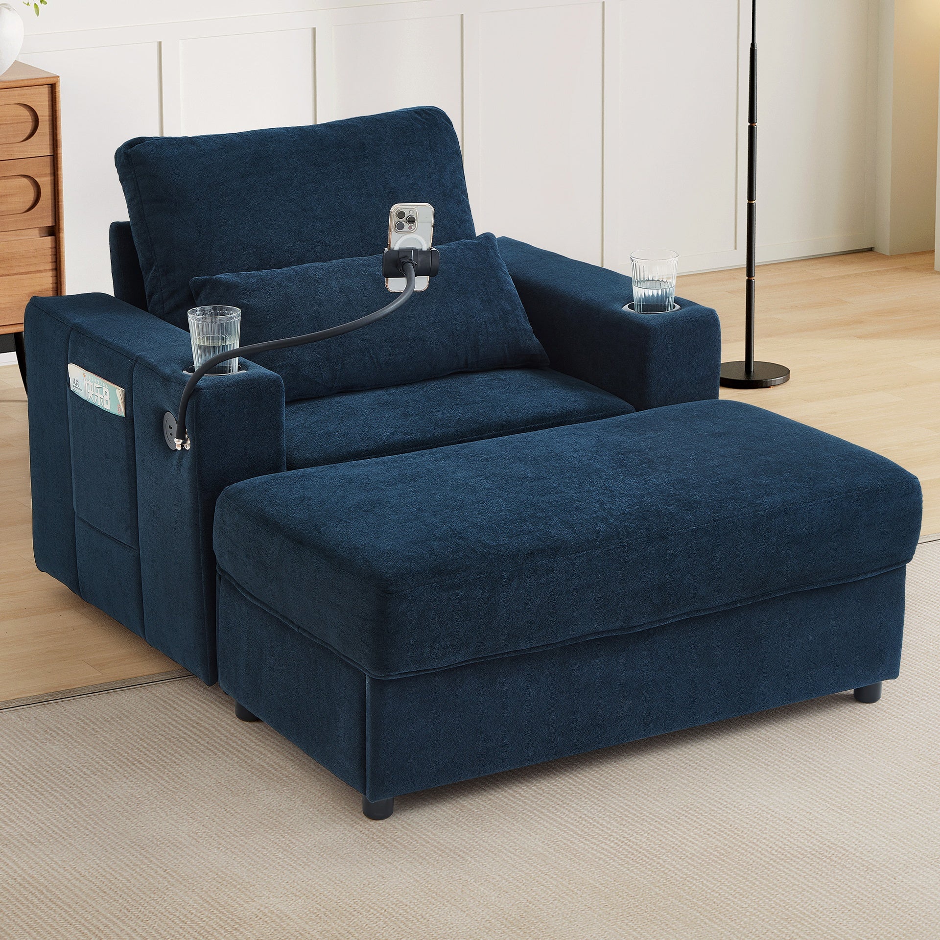 Modern Style Armchair 42.5" Chaise Lounge Sofa Couch with a Movable Storage Ottoman, Two USB Ports, Two Cup Holders, a Phone Holder and Side Pockets for Living Room, Blue