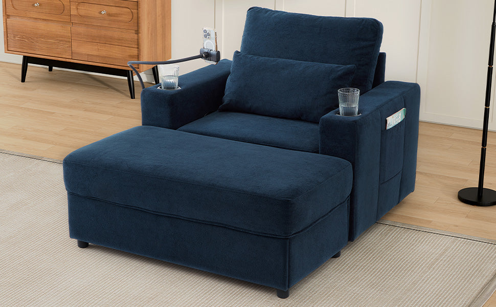 Modern Style Armchair 42.5" Chaise Lounge Sofa Couch with a Movable Storage Ottoman, Two USB Ports, Two Cup Holders, a Phone Holder and Side Pockets for Living Room, Blue