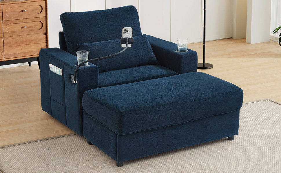 Modern Style Armchair 42.5" Chaise Lounge Sofa Couch with a Movable Storage Ottoman, Two USB Ports, Two Cup Holders, a Phone Holder and Side Pockets for Living Room, Blue