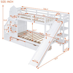 Twin-Over-Twin Castle Style Bunk Bed with 2 Drawers 3 Shelves and Slide - White