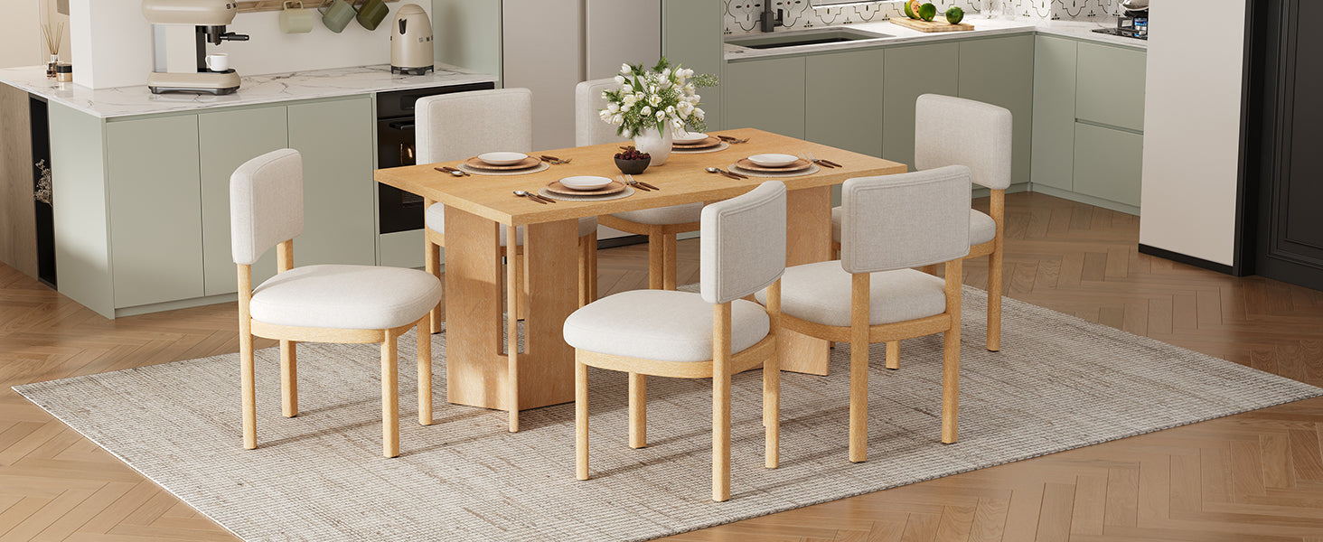 TREXM Farmhouse Wood Dining Table Set for 6 with 6 Upholstered Chairs, 60" Rectangular Dining Table with Cutout Table Legs for Dining Room, Kitchen and Living Room (Natural Wood Wash)