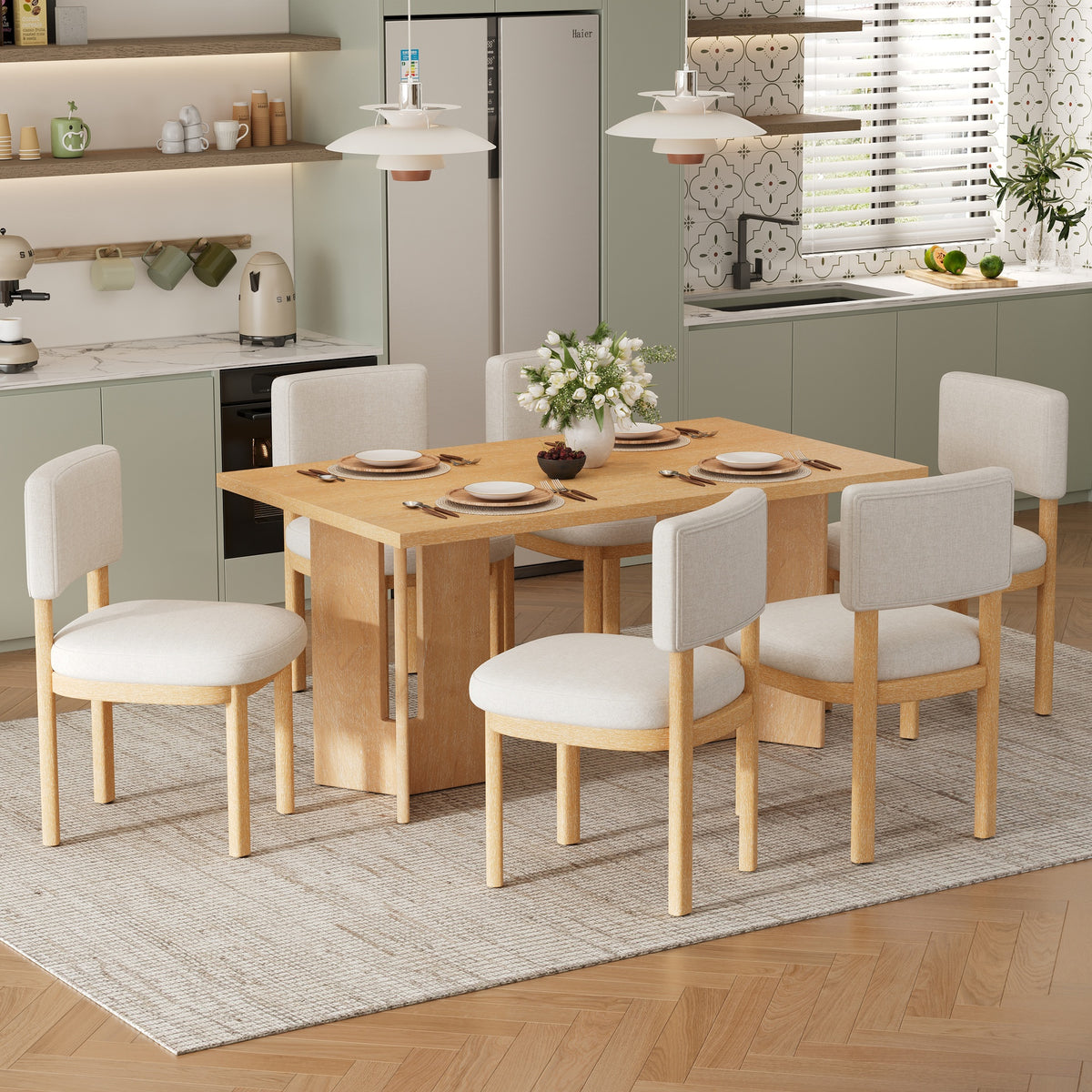 TREXM Farmhouse Wood Dining Table Set for 6 with 6 Upholstered Chairs, 60" Rectangular Dining Table with Cutout Table Legs for Dining Room, Kitchen and Living Room (Natural Wood Wash)