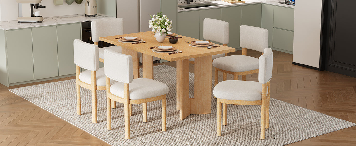 TREXM Farmhouse Wood Dining Table Set for 6 with 6 Upholstered Chairs, 60" Rectangular Dining Table with Cutout Table Legs for Dining Room, Kitchen and Living Room (Natural Wood Wash)