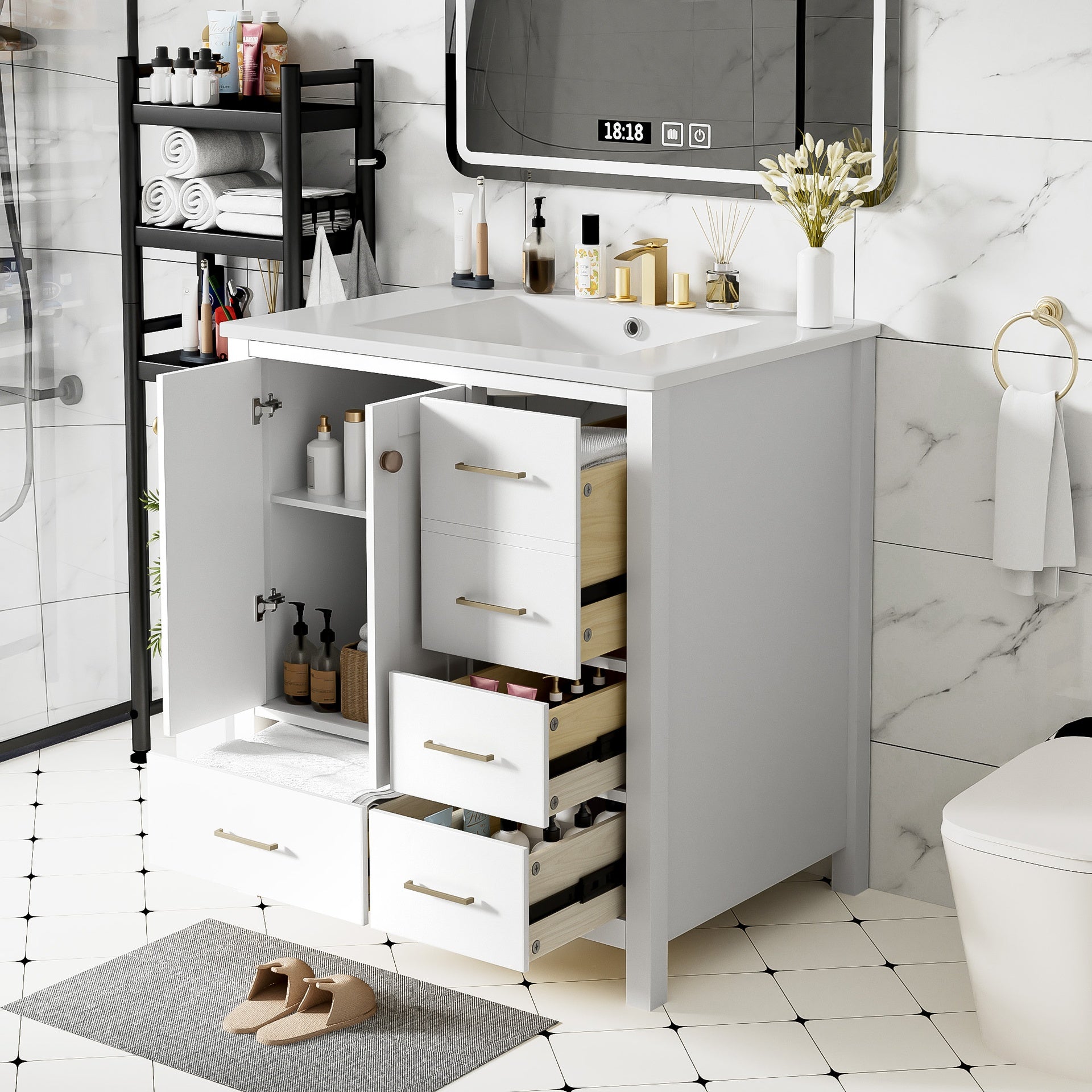 30'' Bathroom Vanity with Ceramic Sink Combo, Solid Wood Frame Bathroom Storage Cabinet, Freestanding Vanity Set with 4 Drawers& Soft Closing Doors, White