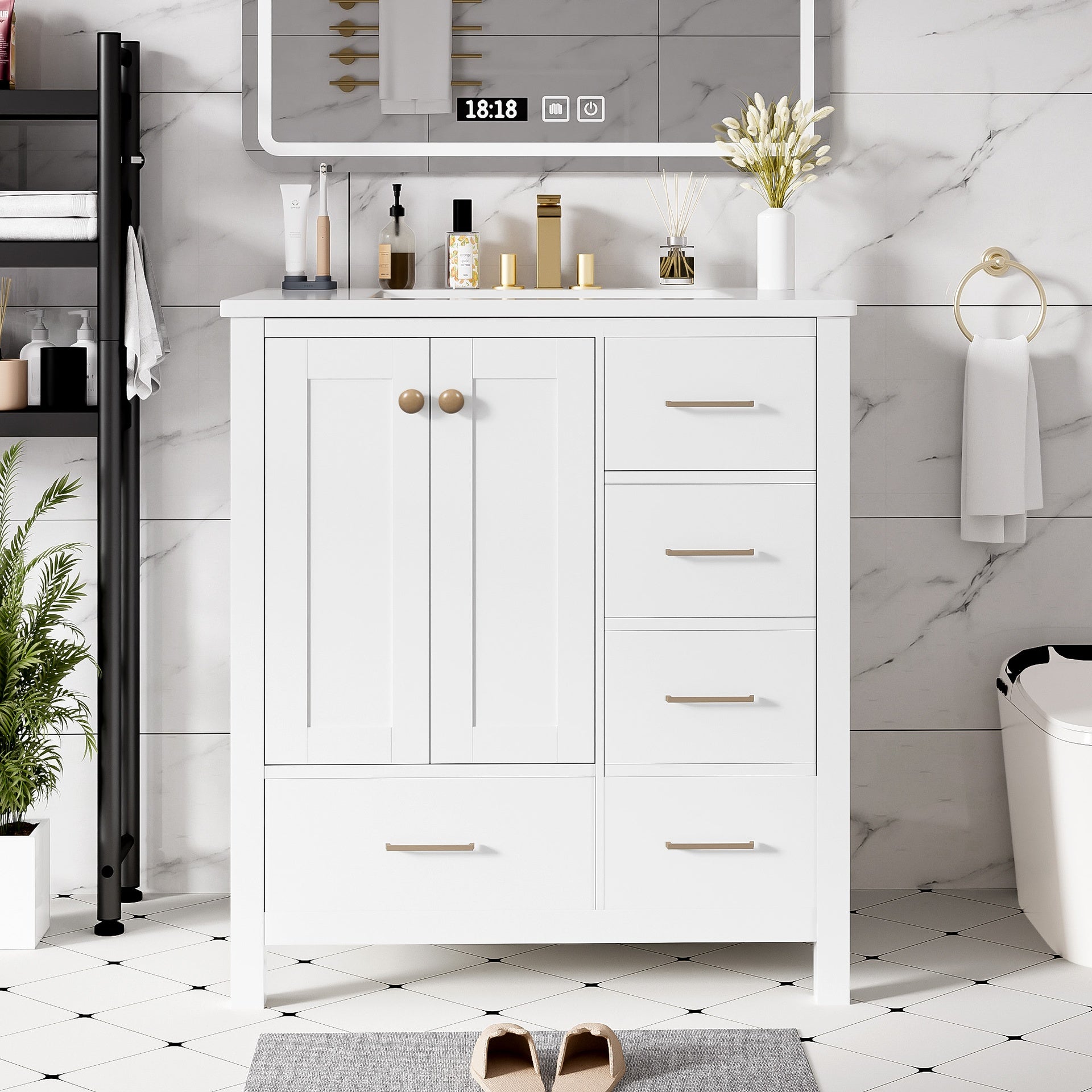 30'' Bathroom Vanity with Ceramic Sink Combo, Solid Wood Frame Bathroom Storage Cabinet, Freestanding Vanity Set with 4 Drawers& Soft Closing Doors, White