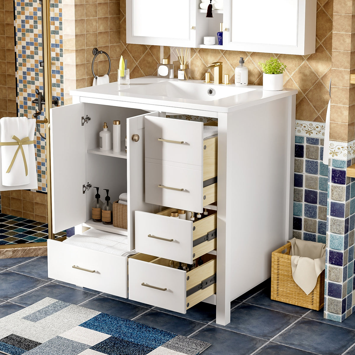 30'' Bathroom Vanity with Ceramic Sink Combo, Solid Wood Frame Bathroom Storage Cabinet, Freestanding Vanity Set with 4 Drawers& Soft Closing Doors, White