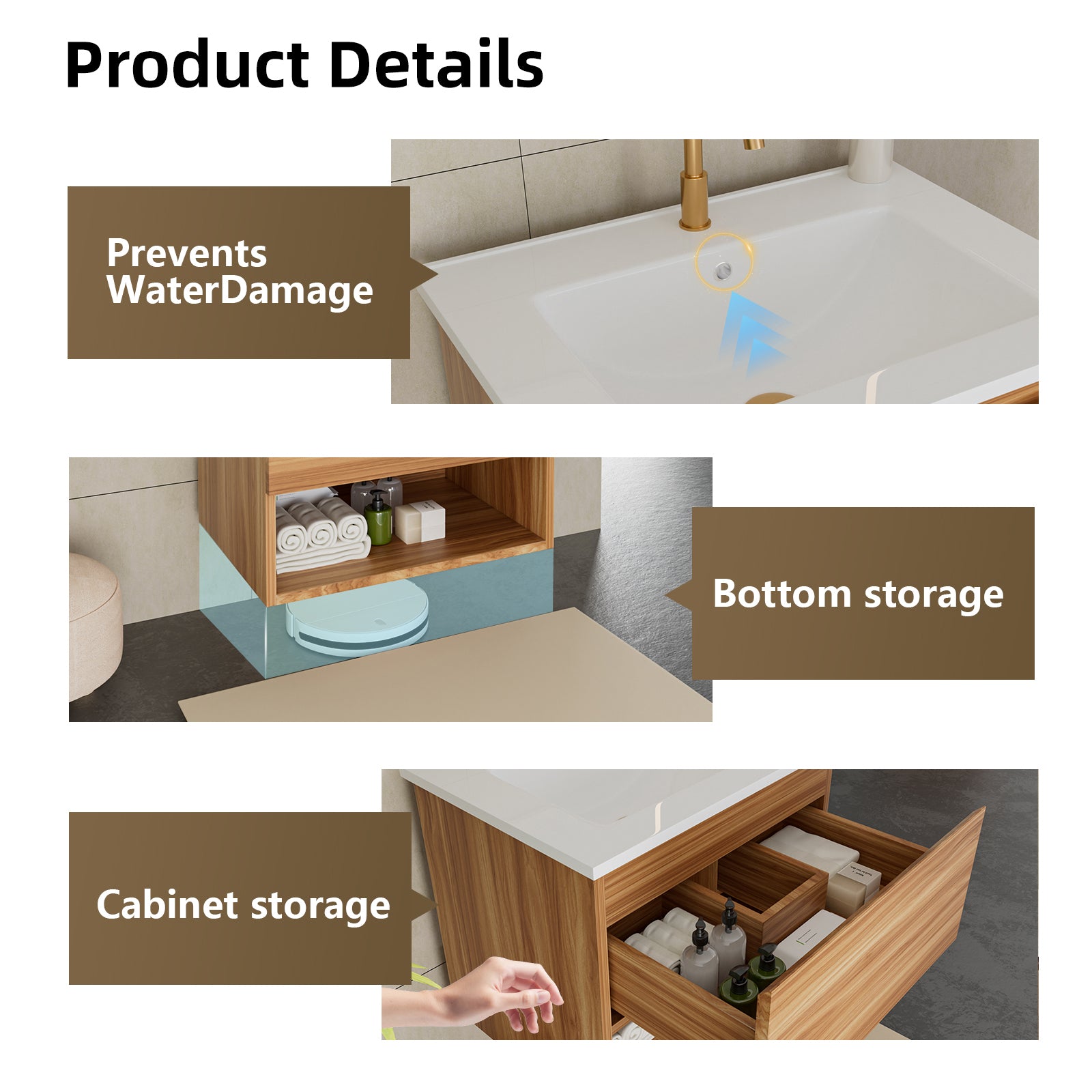 24 Inch Bathroom Vanity Cabinet With Ceramic Sink - Walnut Wall Mounted Floating Fluted Vanity With Drawers, Modern