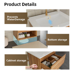 24 Inch Bathroom Vanity Cabinet With Ceramic Sink - Walnut Wall Mounted Floating Fluted Vanity With Drawers, Modern