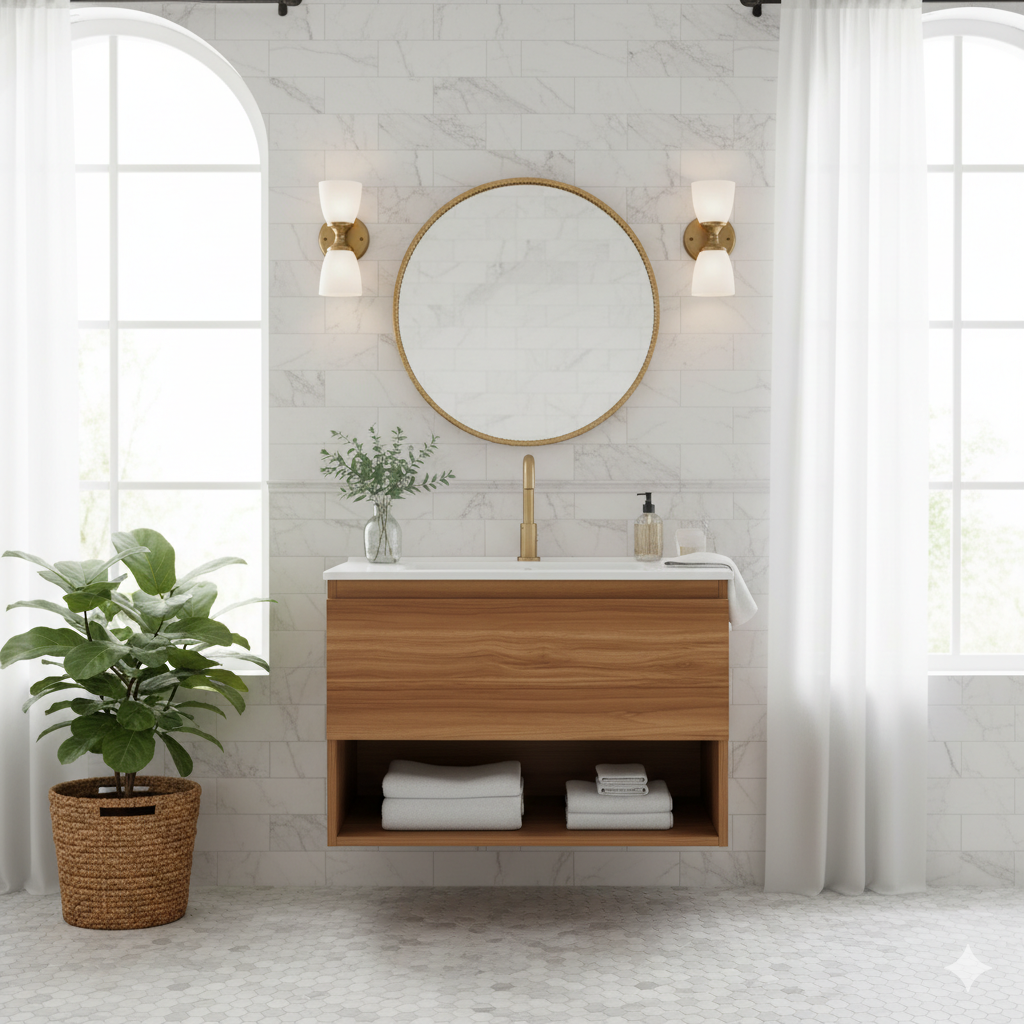 24 Inch Bathroom Vanity Cabinet With Ceramic Sink - Walnut Wall Mounted Floating Fluted Vanity With Drawers, Modern