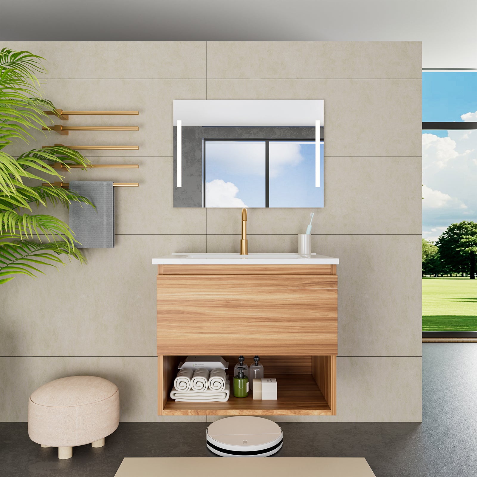 24 Inch Bathroom Vanity Cabinet With Ceramic Sink - Walnut Wall Mounted Floating Fluted Vanity With Drawers, Modern