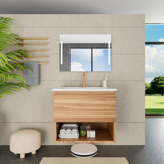 24 Inch Bathroom Vanity Cabinet With Ceramic Sink - Walnut Wall Mounted Floating Fluted Vanity With Drawers, Modern