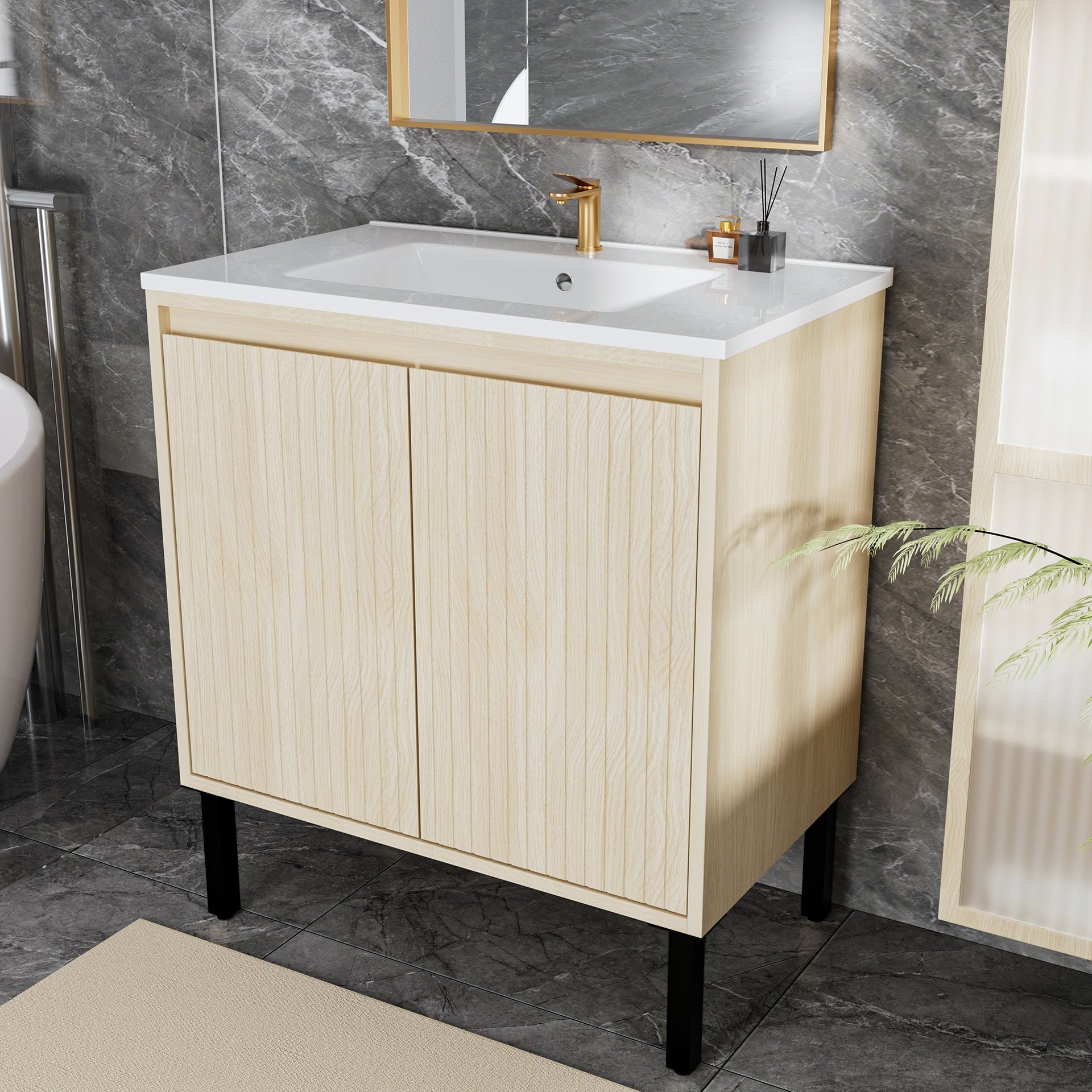 30 Inch Bathroom Vanity with Sink,  Floor - Standing Structure for Stability, Soft - Closing Drawers for Noiseless Operation, Sleek Oak Finish for Modern Aesthetic(White Sink)