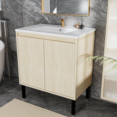 30 Inch Bathroom Vanity with Sink,  Floor - Standing Structure for Stability, Soft - Closing Drawers for Noiseless Operation, Sleek Oak Finish for Modern Aesthetic(White Sink)