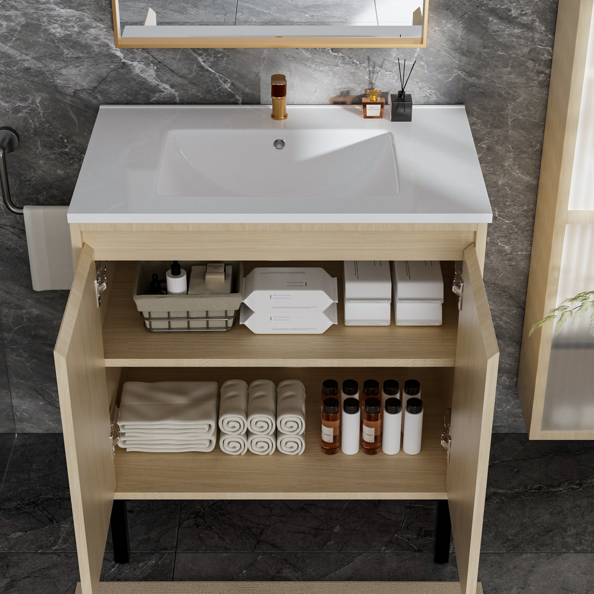 30 Inch Bathroom Vanity with Sink,  Floor - Standing Structure for Stability, Soft - Closing Drawers for Noiseless Operation, Sleek Oak Finish for Modern Aesthetic(White Sink)