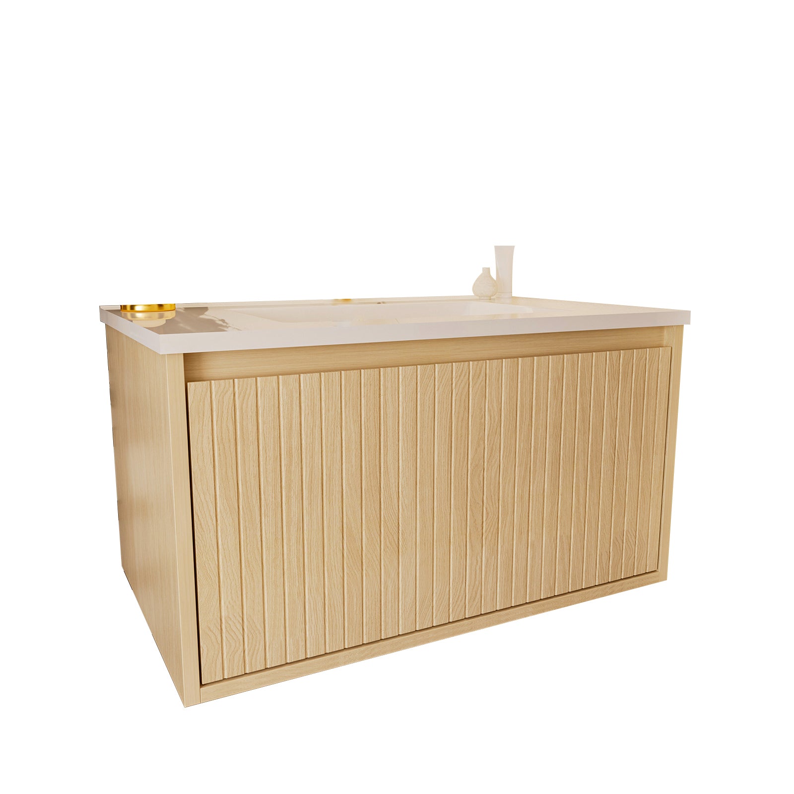 30 Inch Bathroom Vanity Cabinet With Ceramic Sink - Natural Wood Wall Mounted Floating Fluted Vanity With Drawers, Modern