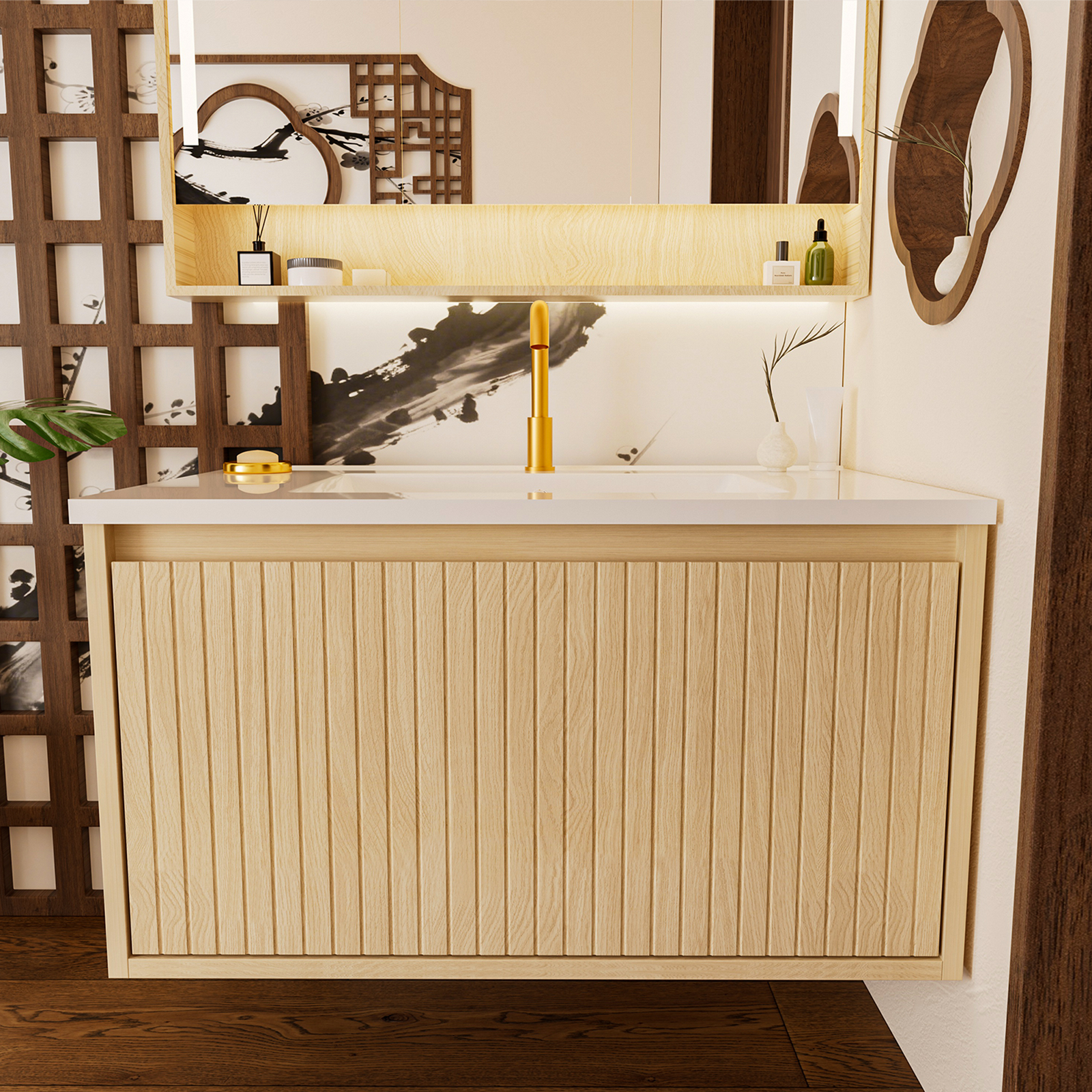 30 Inch Bathroom Vanity Cabinet With Ceramic Sink - Natural Wood Wall Mounted Floating Fluted Vanity With Drawers, Modern