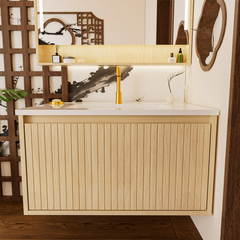30 Inch Bathroom Vanity Cabinet With Ceramic Sink - Natural Wood Wall Mounted Floating Fluted Vanity With Drawers, Modern