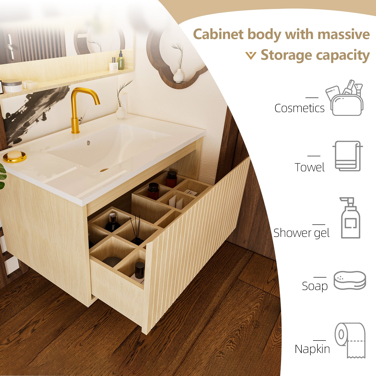 30 Inch Bathroom Vanity Cabinet With Ceramic Sink - Natural Wood Wall Mounted Floating Fluted Vanity With Drawers, Modern