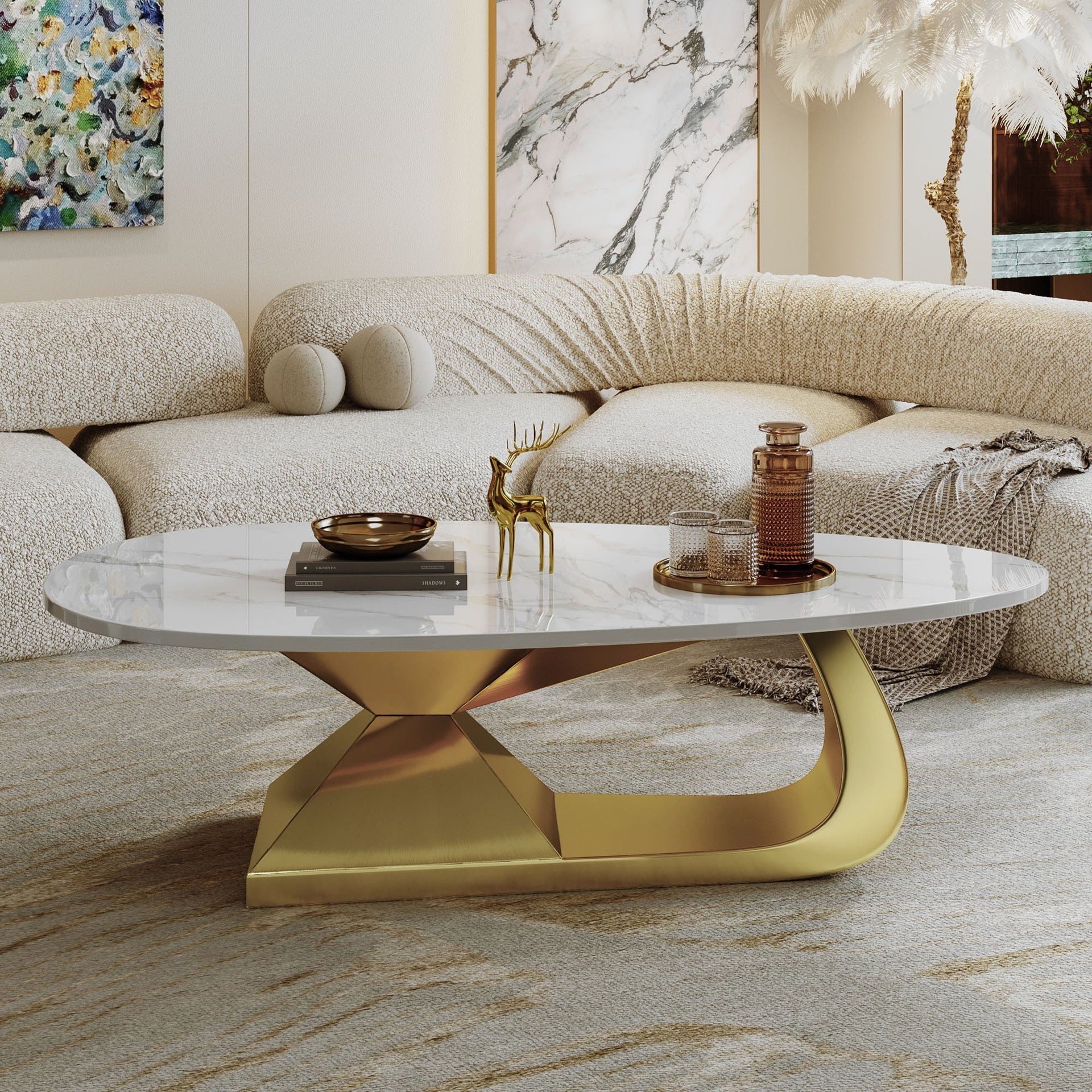 Modern Sintered Stone Tabletop Coffee Table with Stainless Steel Base - Elegant and Durable Living Room Centerpiece