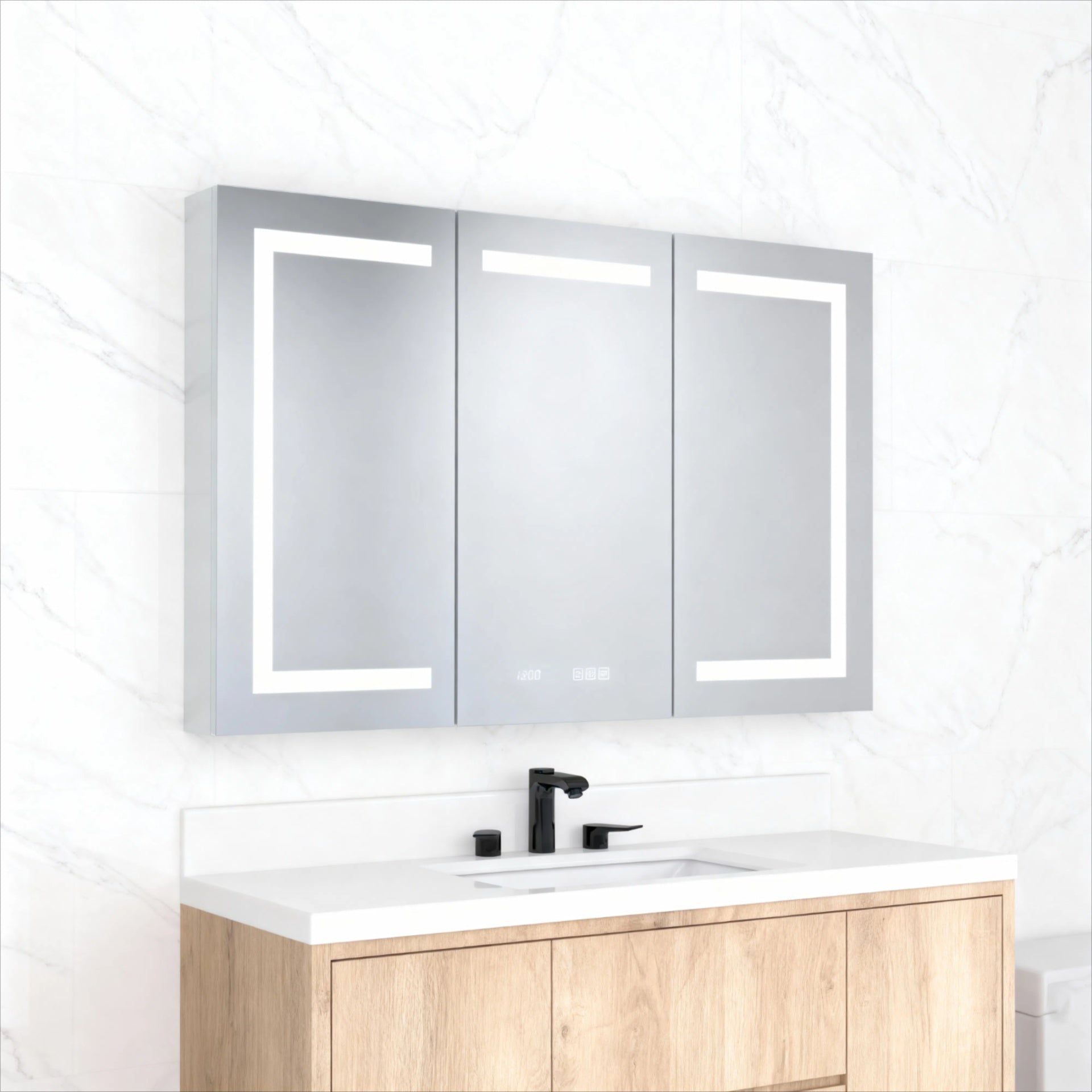 48 in. W x 30 in. H Rectangular Silver Aluminum Recessed/Surface Mount Medicine Cabinet with Mirror LED and Clock