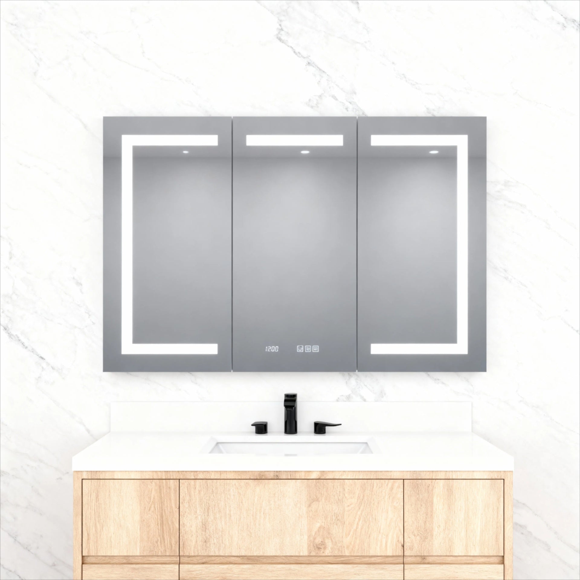 48 in. W x 30 in. H Rectangular Silver Aluminum Recessed/Surface Mount Medicine Cabinet with Mirror LED and Clock