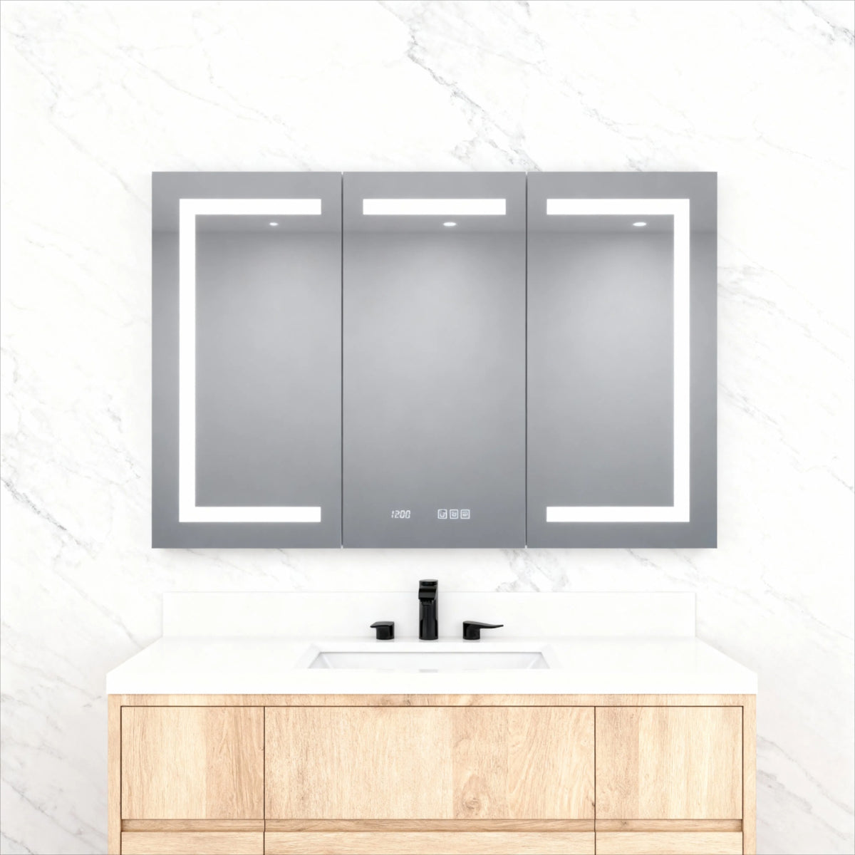 48 in. W x 30 in. H Rectangular Silver Aluminum Recessed/Surface Mount Medicine Cabinet with Mirror LED and Clock