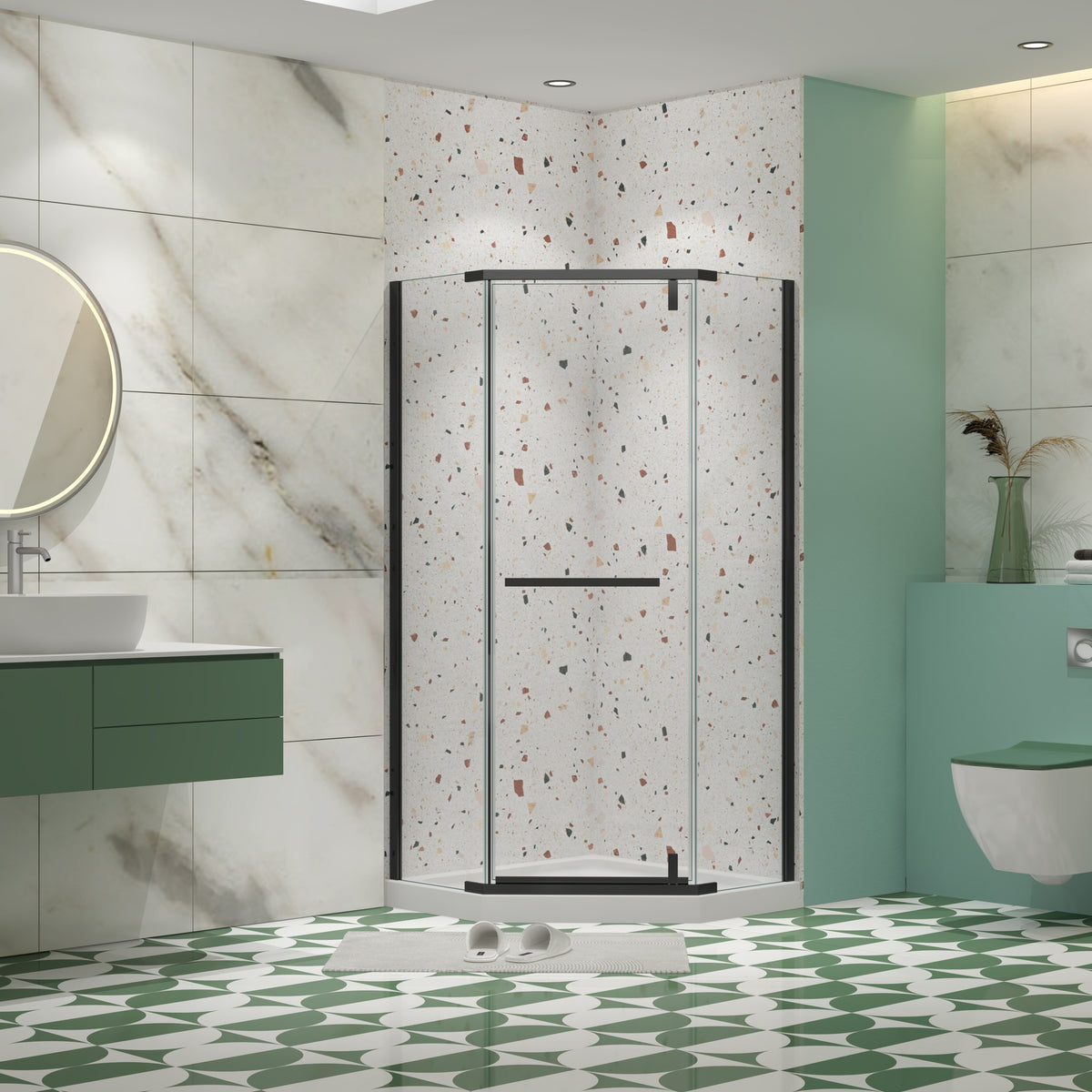 Pivot shower door, with 1/4" tempered glass, 34.75 in. x 72 in. Frameless Neo-Angle Pivot Shower Enclosure in Matte Black