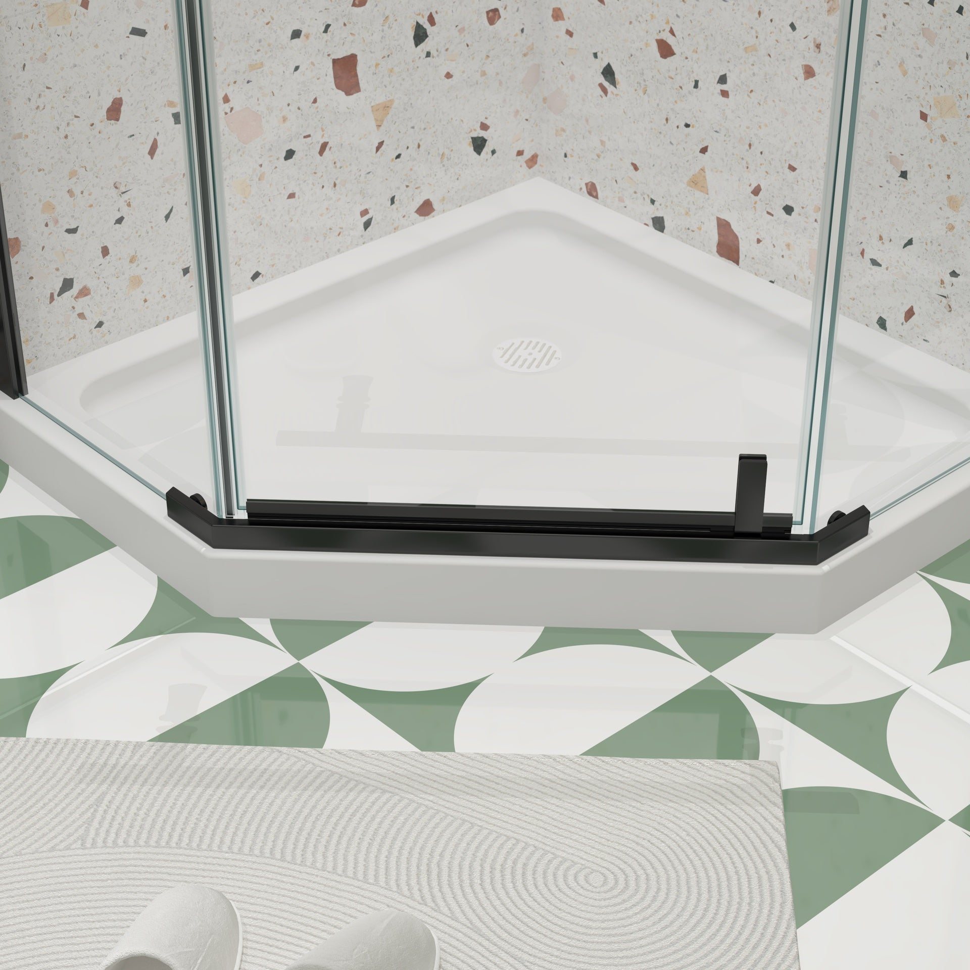 Pivot shower door, with 1/4" tempered glass, 34.75 in. x 72 in. Frameless Neo-Angle Pivot Shower Enclosure in Matte Black