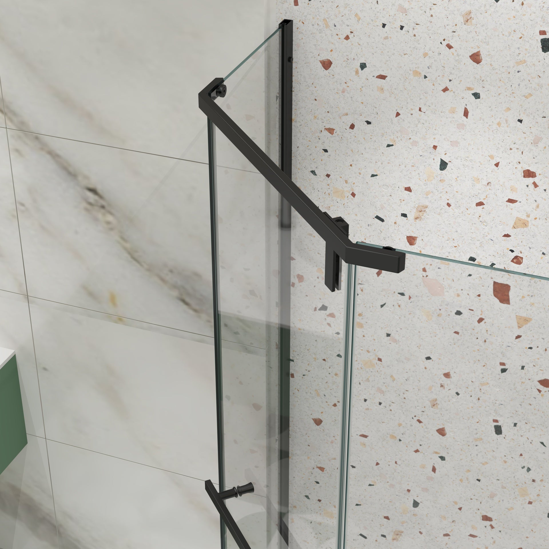 Pivot shower door, with 1/4" tempered glass, 34.75 in. x 72 in. Frameless Neo-Angle Pivot Shower Enclosure in Matte Black