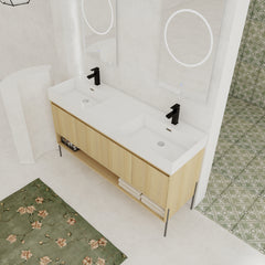 60" Bathroom Vanity Combo w/Single Resin Sink, Modern Storage Cabinet Set 4 Door, Multilayer solid wood, Oak
