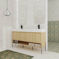 60" Bathroom Vanity Combo w/Single Resin Sink, Modern Storage Cabinet Set 4 Door, Multilayer solid wood, Oak