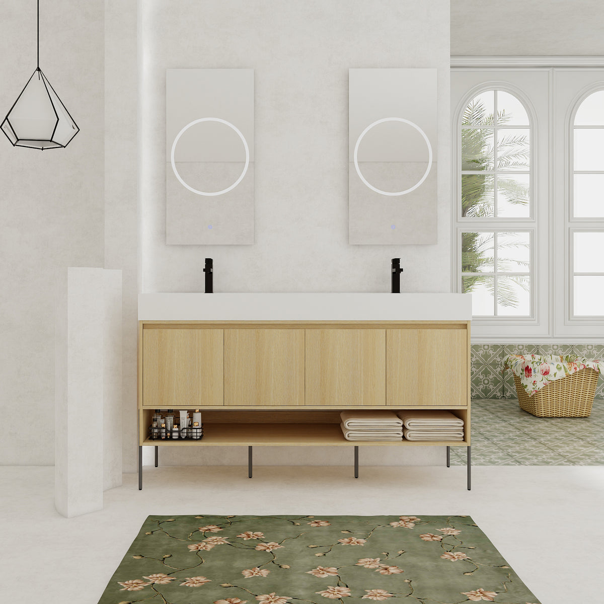 60" Bathroom Vanity Combo w/Single Resin Sink, Modern Storage Cabinet Set 4 Door, Multilayer solid wood, Oak
