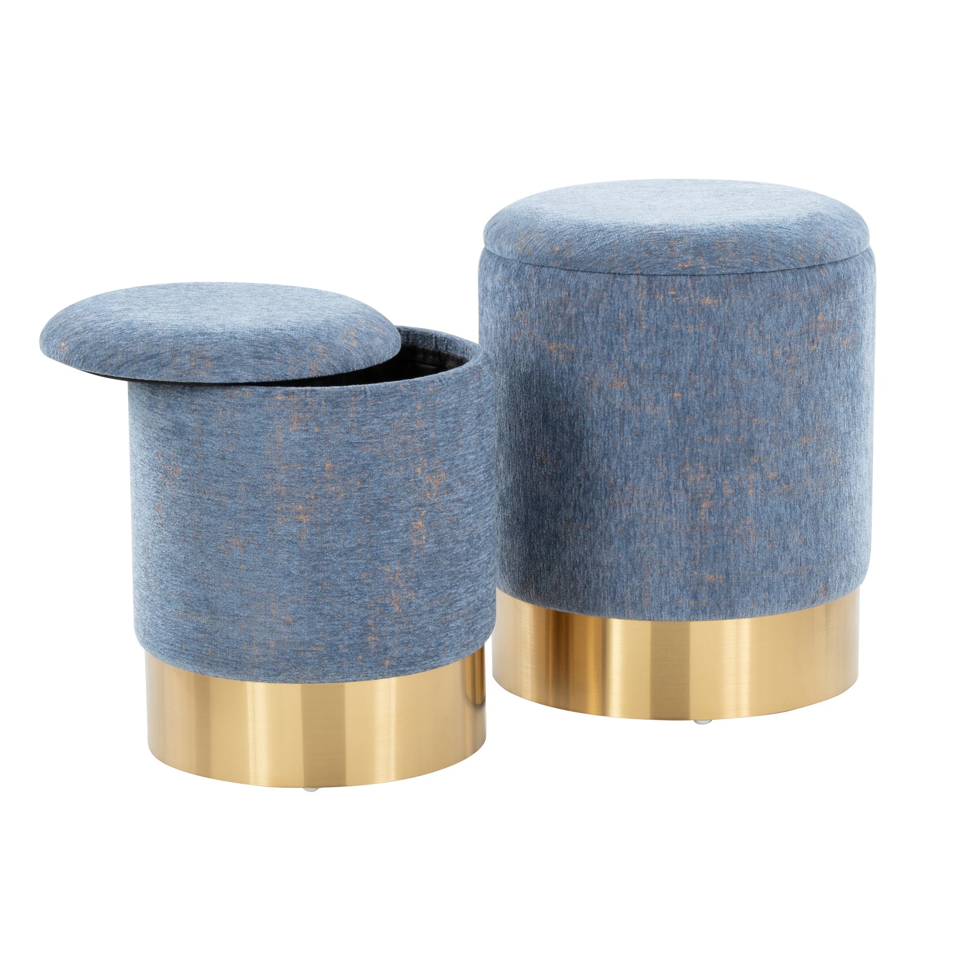 Marla Contemporary Nesting Ottoman Set in Gold Metal and Blue Fabric by LumiSource