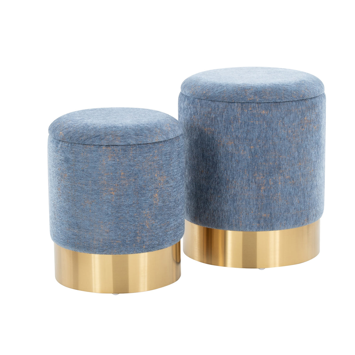 Marla Contemporary Nesting Ottoman Set in Gold Metal and Blue Fabric by LumiSource