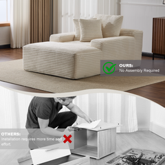 Oversized Chaise Lounge Chair Cozy Cloud Couch, Modern Plush Corduroy Upholstered Sleeper Sofa Daybed with 3 Throw Pillows and Wide Armrest for Living Room, No Assembly Required,White