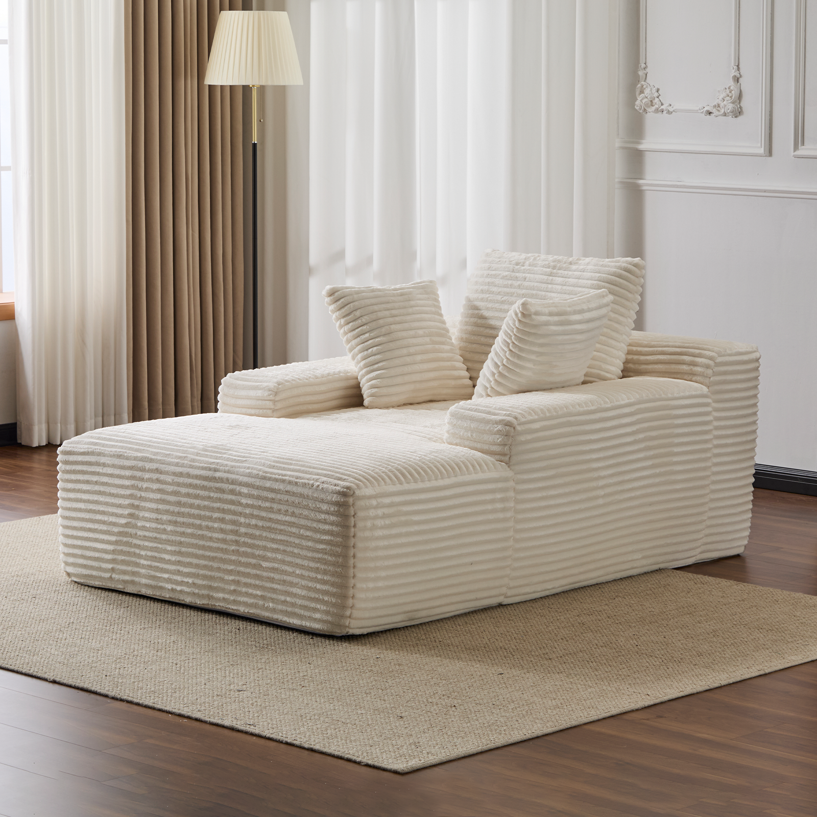 Oversized Chaise Lounge Chair Cozy Cloud Couch, Modern Plush Corduroy Upholstered Sleeper Sofa Daybed with 3 Throw Pillows and Wide Armrest for Living Room, No Assembly Required,White