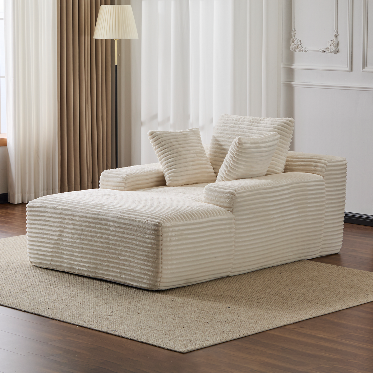 Oversized Chaise Lounge Chair Cozy Cloud Couch, Modern Plush Corduroy Upholstered Sleeper Sofa Daybed with 3 Throw Pillows and Wide Armrest for Living Room, No Assembly Required,White