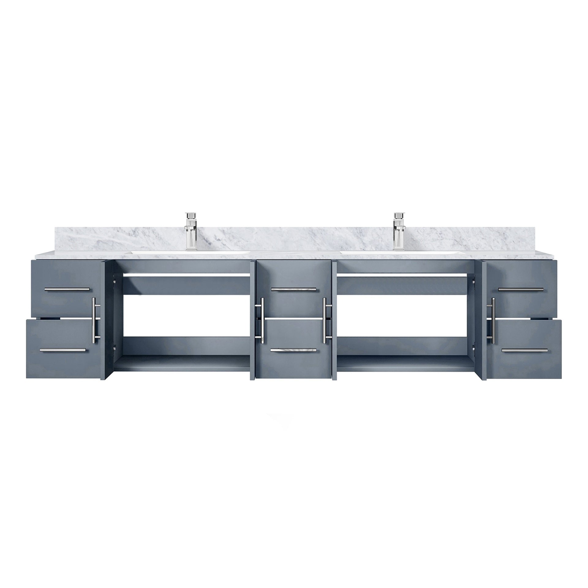 Dark Grey Double Bath Vanity 84 in. W x 22 in. D, Carrara Marble Top, and Faucet Set
