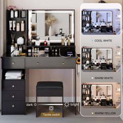 41 inch  Large Size Left Drawer Desktop Vanity Table+Cushioned Stool Dresser Set, 2 AC+2 USB Power Station, Hair Dryer Stand, Extra Large Touch Control LED Mirror, 3-color Switch, EPA, GCC, UL Certificate