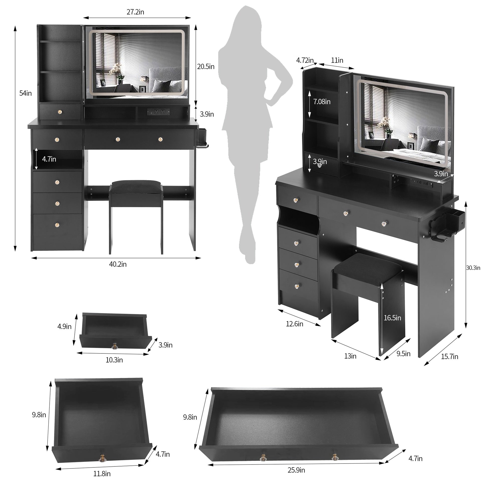 41 inch  Large Size Left Drawer Desktop Vanity Table+Cushioned Stool Dresser Set, 2 AC+2 USB Power Station, Hair Dryer Stand, Extra Large Touch Control LED Mirror, 3-color Switch, EPA, GCC, UL Certificate