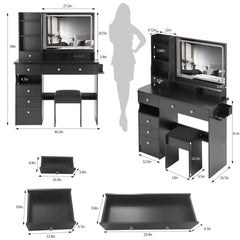 41 inch  Large Size Left Drawer Desktop Vanity Table+Cushioned Stool Dresser Set, 2 AC+2 USB Power Station, Hair Dryer Stand, Extra Large Touch Control LED Mirror, 3-color Switch, EPA, GCC, UL Certificate