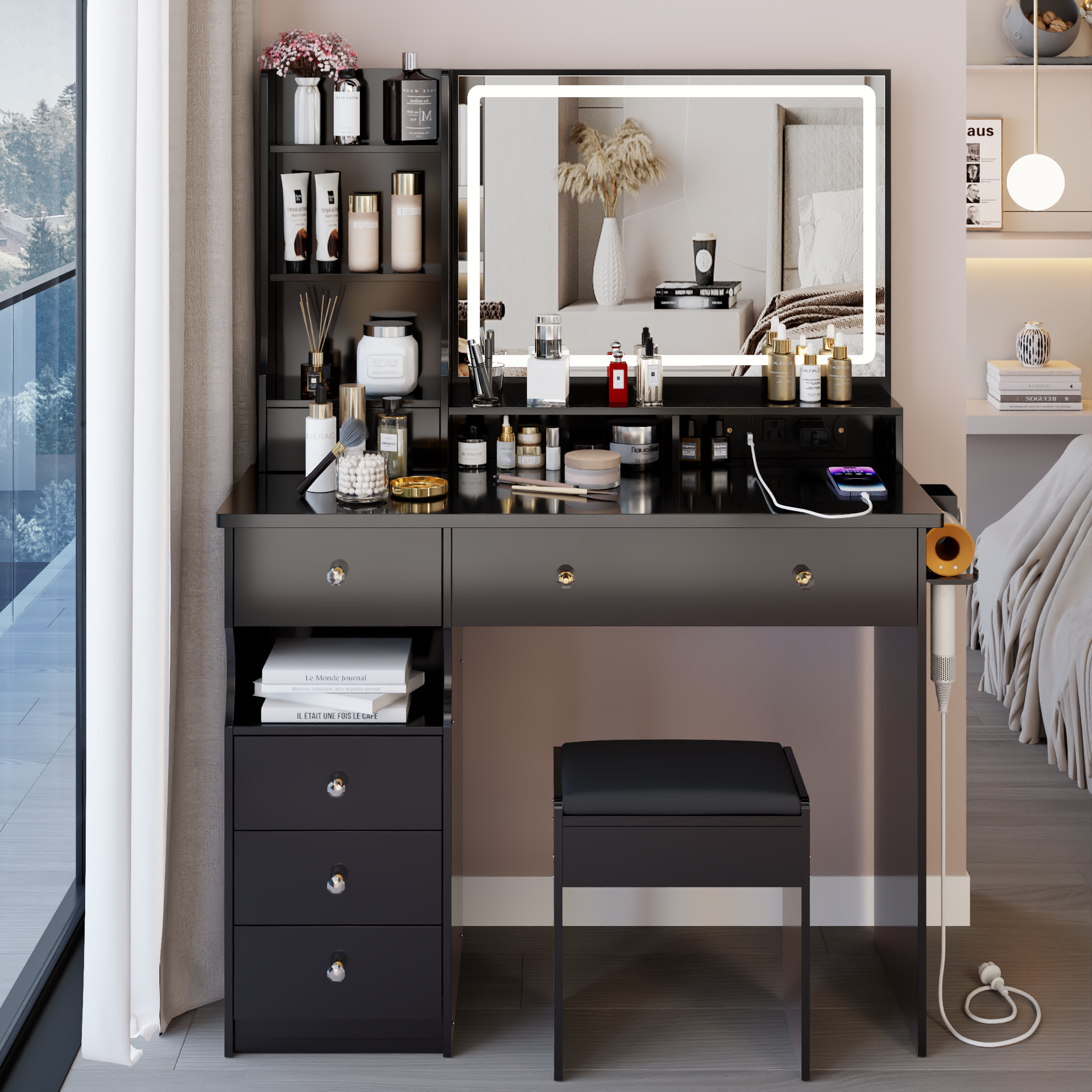 41 inch  Large Size Left Drawer Desktop Vanity Table+Cushioned Stool Dresser Set, 2 AC+2 USB Power Station, Hair Dryer Stand, Extra Large Touch Control LED Mirror, 3-color Switch, EPA, GCC, UL Certificate