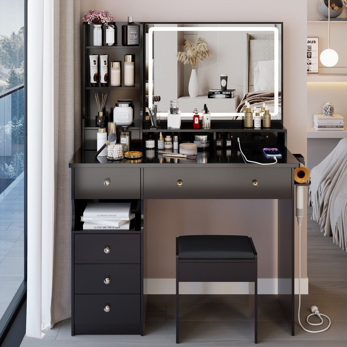 41 inch  Large Size Left Drawer Desktop Vanity Table+Cushioned Stool Dresser Set, 2 AC+2 USB Power Station, Hair Dryer Stand, Extra Large Touch Control LED Mirror, 3-color Switch, EPA, GCC, UL Certificate