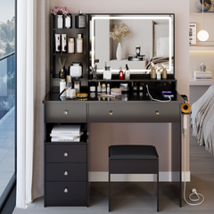 41 inch  Large Size Left Drawer Desktop Vanity Table+Cushioned Stool Dresser Set, 2 AC+2 USB Power Station, Hair Dryer Stand, Extra Large Touch Control LED Mirror, 3-color Switch, EPA, GCC, UL Certificate