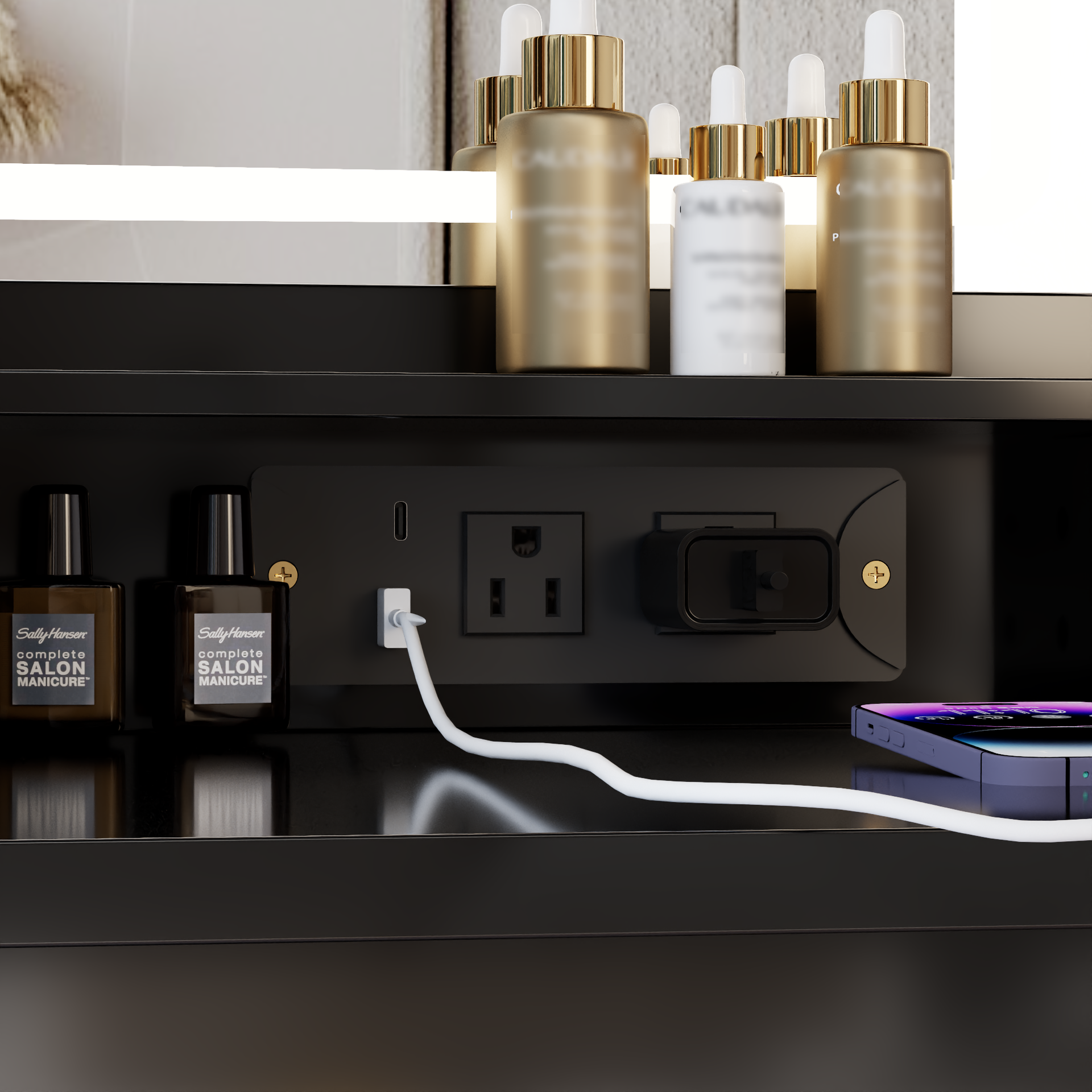 41 inch  Large Size Left Drawer Desktop Vanity Table+Cushioned Stool Dresser Set, 2 AC+2 USB Power Station, Hair Dryer Stand, Extra Large Touch Control LED Mirror, 3-color Switch, EPA, GCC, UL Certificate