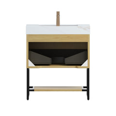 YOLAN 30" Bathroom Vanity&Sink, Freestanding Striped Plywood Storage Cabinet with Drawer&Open Shelf, Calacatta Gold Sintered Stone Top&Undermount Ceramic Basin, Pre-assembled, Corolla Oak Woodgrain