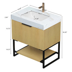 YOLAN 30" Bathroom Vanity&Sink, Freestanding Striped Plywood Storage Cabinet with Drawer&Open Shelf, Calacatta Gold Sintered Stone Top&Undermount Ceramic Basin, Pre-assembled, Corolla Oak Woodgrain